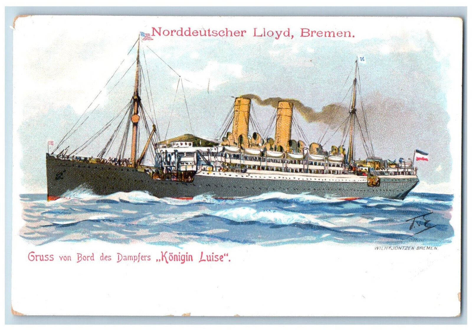 Bremen Germany Postcard Greetings from the Steamer Queen Luise c1905