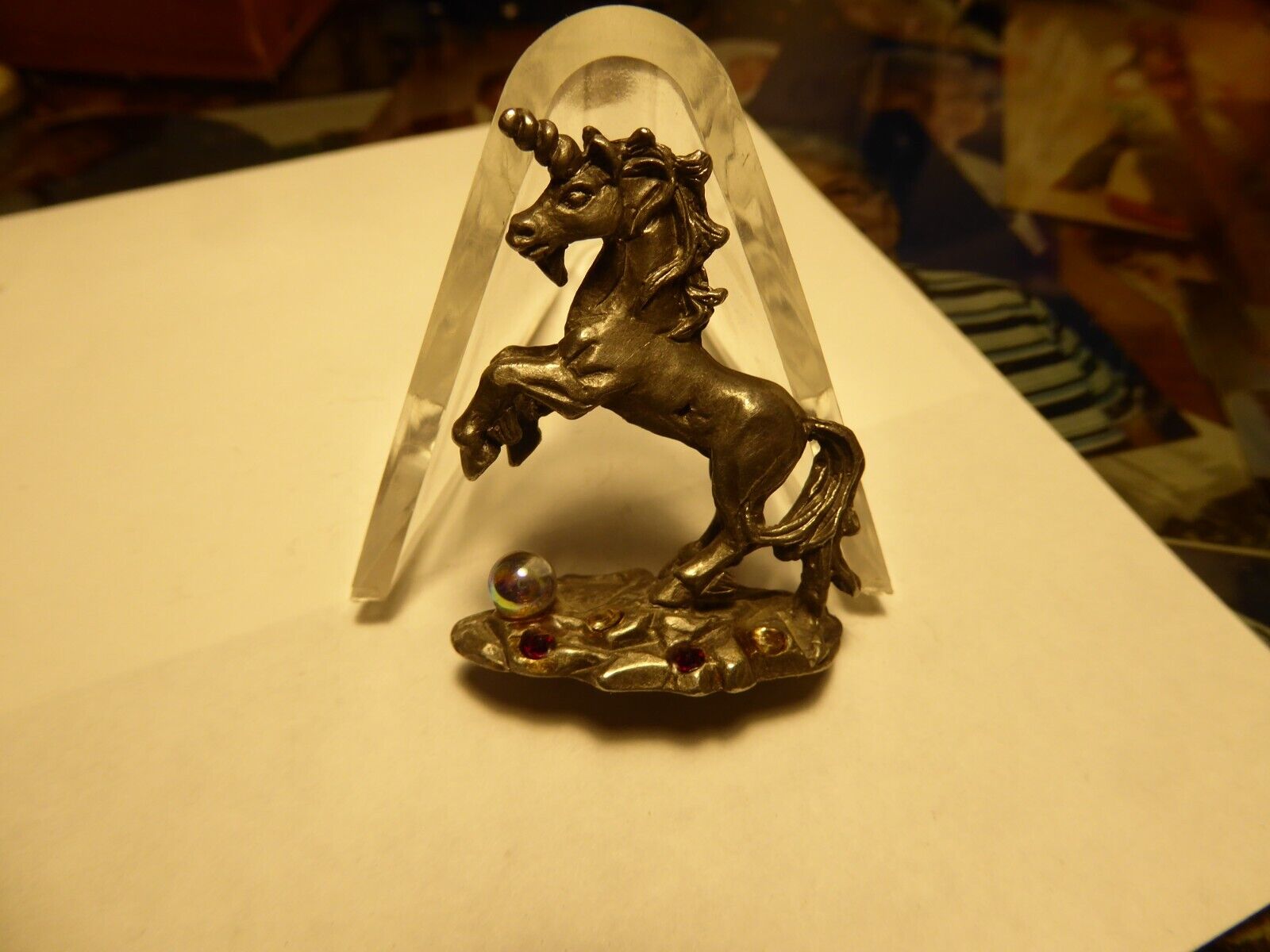 Vtg Sunglo Pewter Unicorn Figurine Mini 1995  Tiny Bubble crystal & red stones