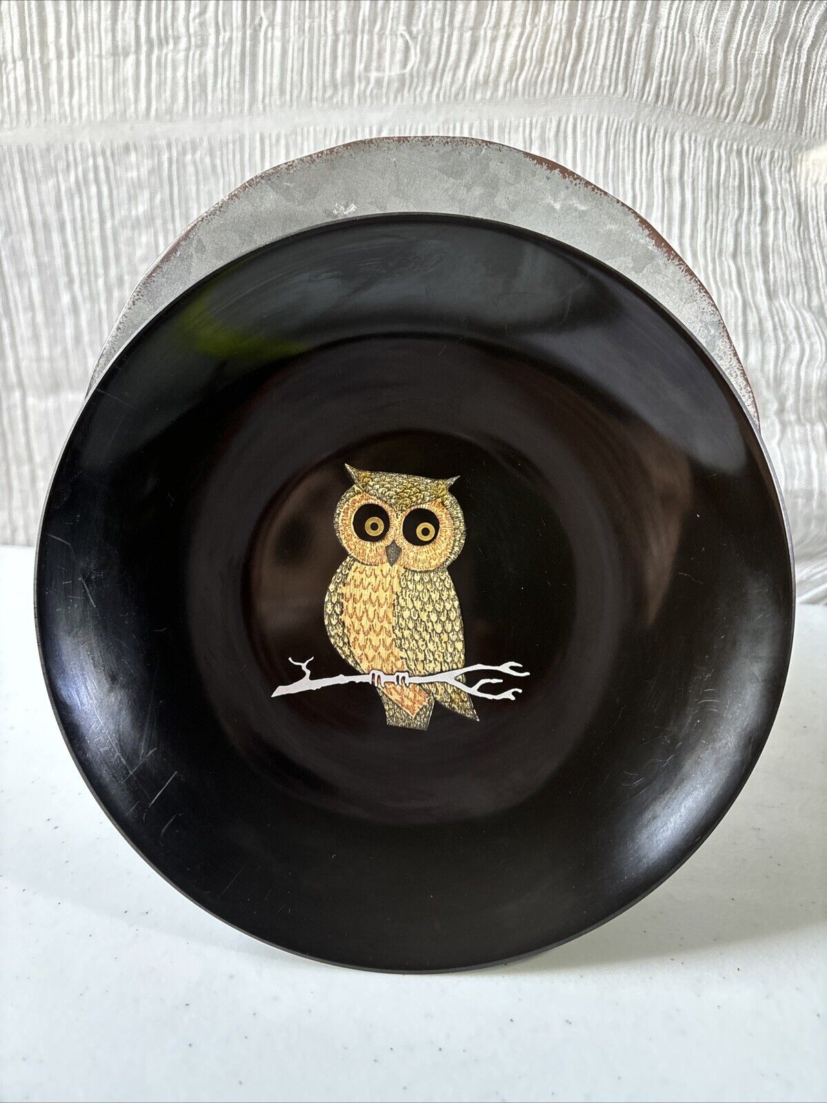 MCM Couroc Bowl Black Phenolic Resin With Inlaid Owl Monterey CA 7.5 Dia