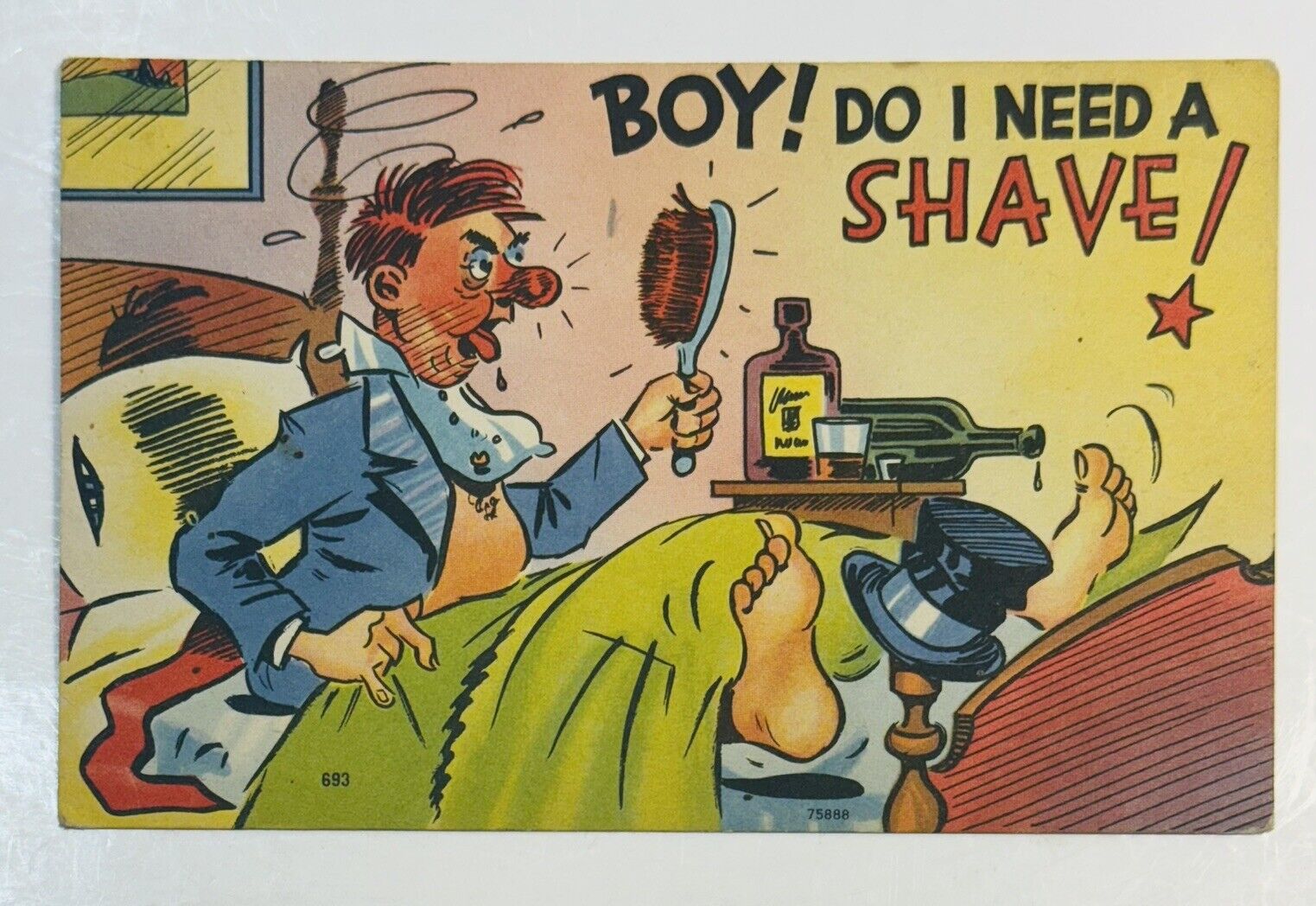 Vintage Comic Postcard Drunk Man Looking at Hairbrush \