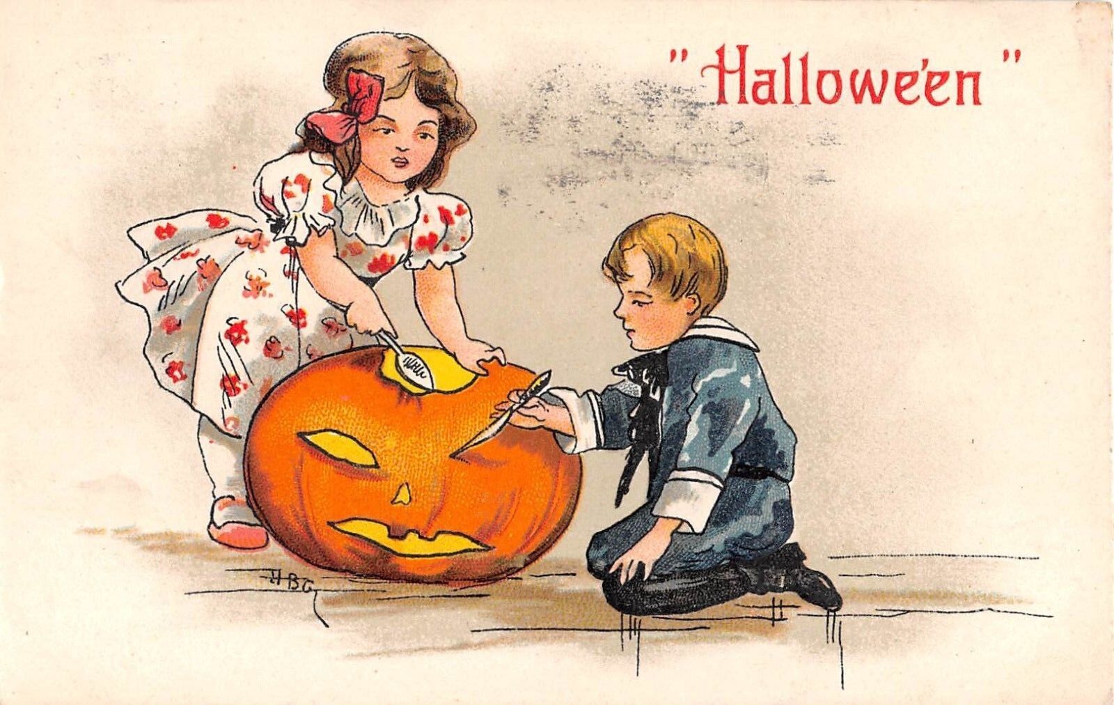 1908 sgd. HBG Boy & Girl Carving Jack O Lantern Halloween post card