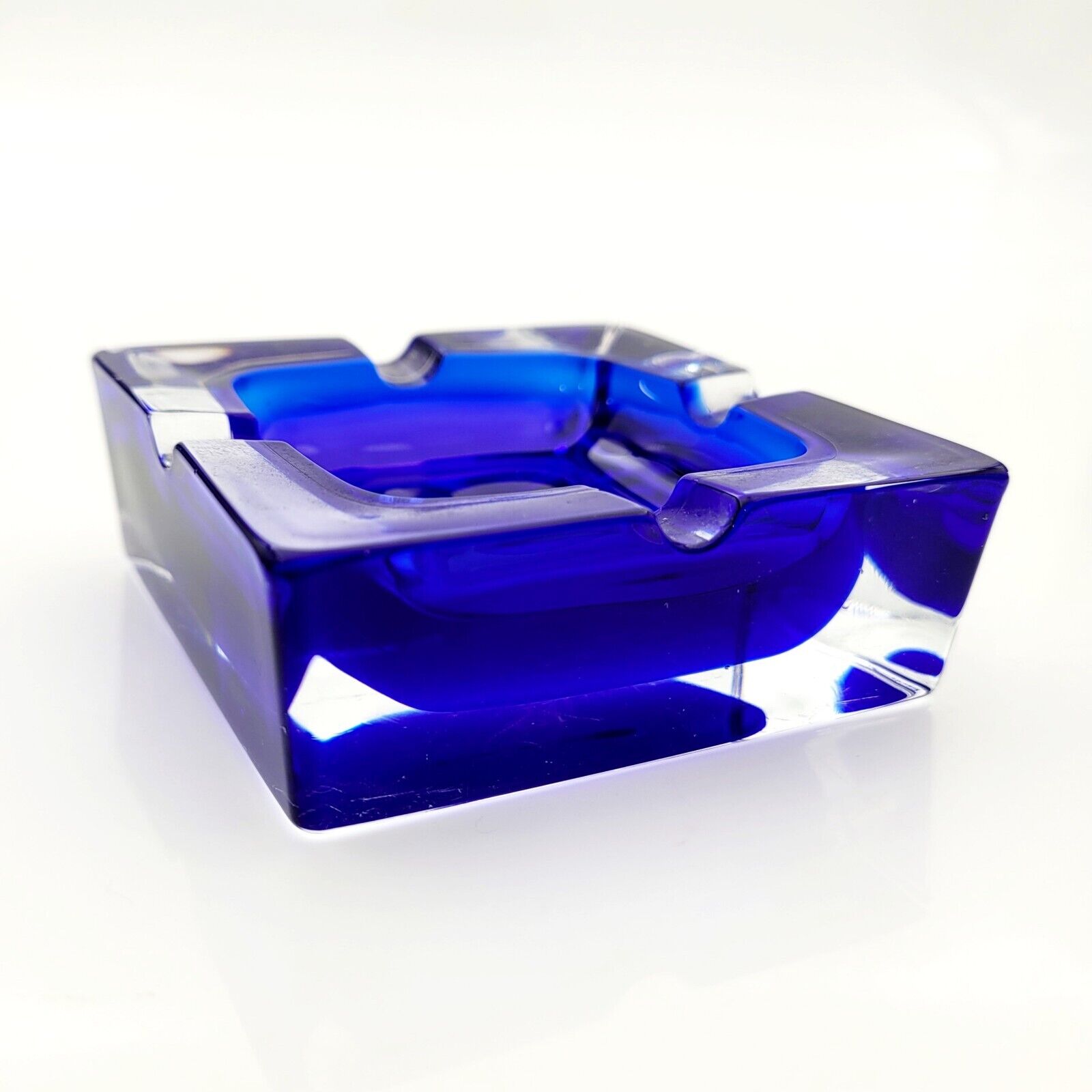 J G Durand Signed Crystal Ashtray Double Cased Cobalt Blue to Clear 3.25\