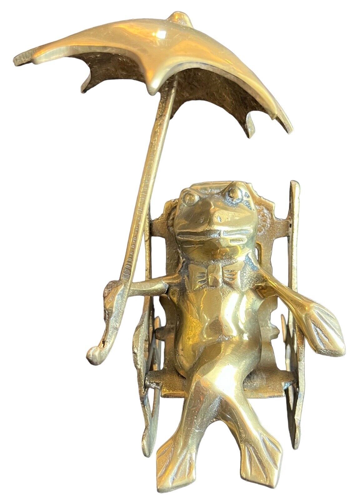 Frog in Rocking Chair Figurine Brass Umbrella Bow Tie Gentleman Frog Antique