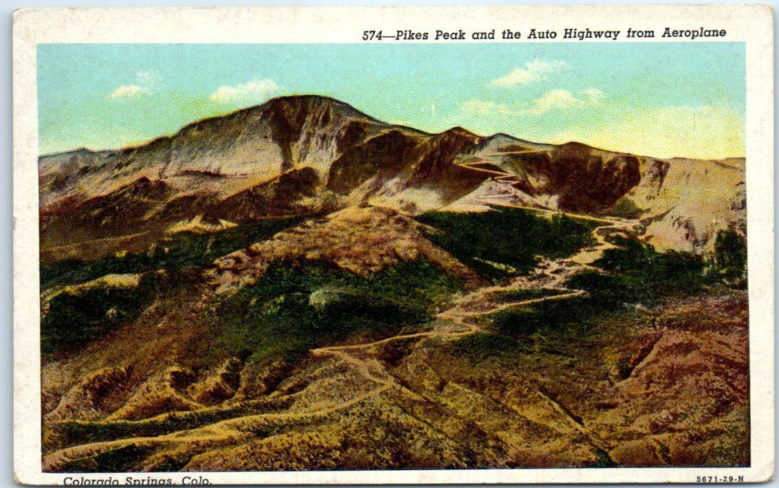 Postcard - Pikes Peak and the Auto Highway from Aeroplane, Colorado