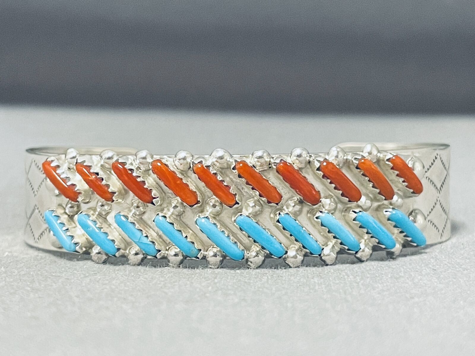 BRILLIANT NAVAJO TURQUOISE AND CORAL DIAGONALS STERLING SILVER BRACELET