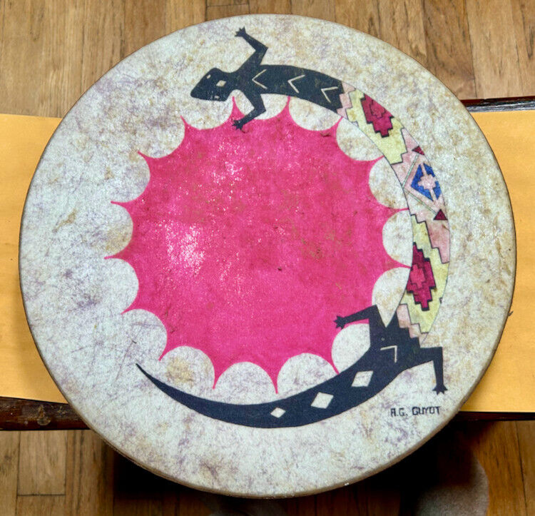 A.G. Guyot Tribal Native American Drum W/Gecko Lizard Pink Sun New Modern  14”