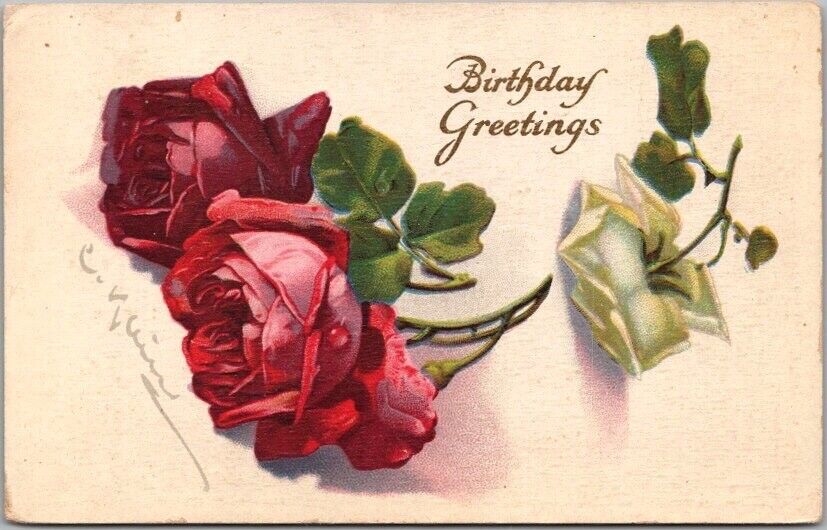 1910s Artist-Signed Clein Birthday Postcard White & Red Roses / STECHER 42B