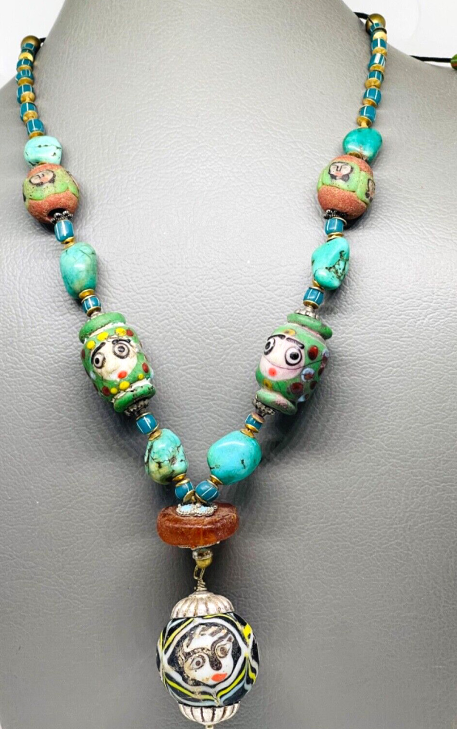 ancient vintage Roman necklace beads , roman face gabri beads ,amber, turquoise