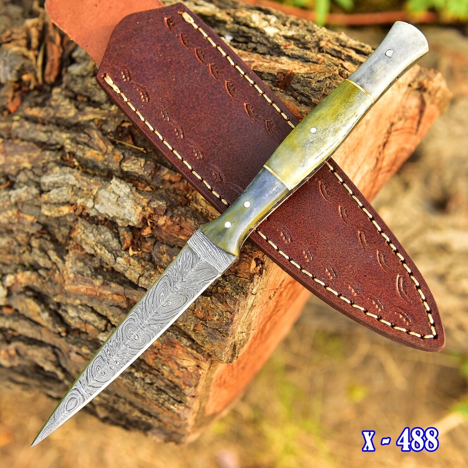 Handmade Double-Edged Damascus steel Hunting Dagger boot Knife Camel Bone Handle