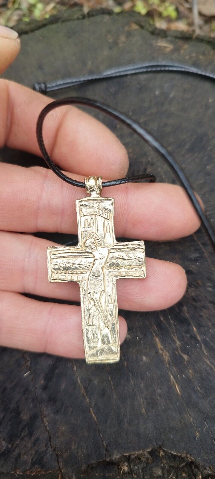 Handmade two-sided cross. Virgin Mary and Jesus Christ.
