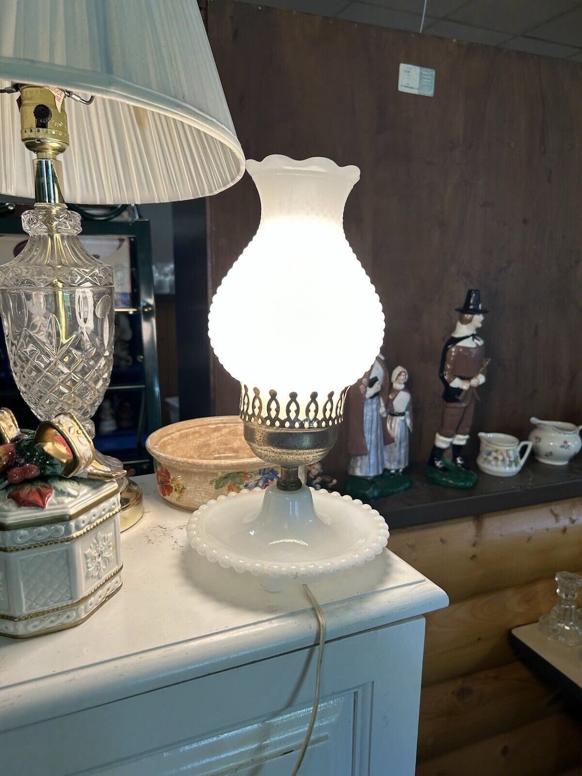 Vintage Table Lamp White Milk Glass Lantern 