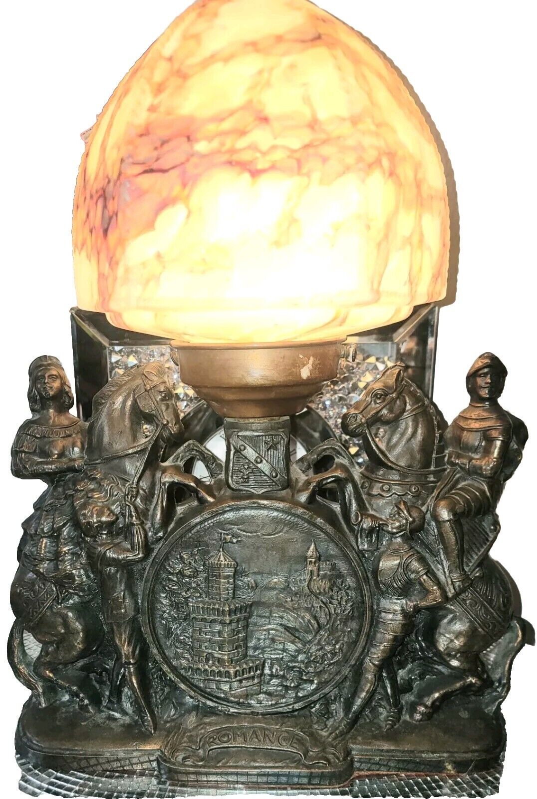 Antique ROMANCE Victorian Figural Lamp, Original Tiffany Style Globe