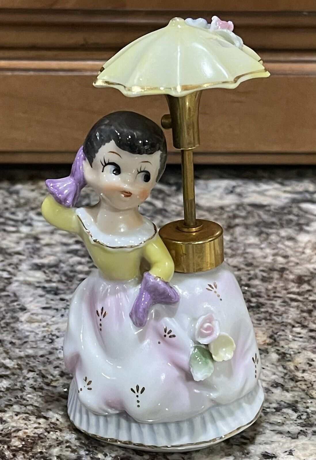 Vintage Japan DEV Lady Perfume Bottle Umbrella Girl Spray Atomizer Purple Yellow