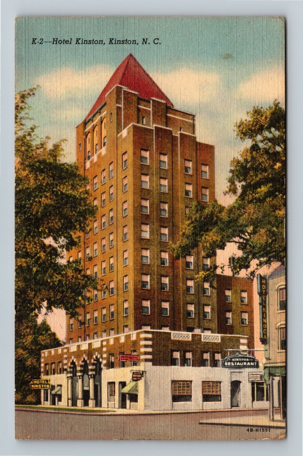 Kinston NC-North Carolina, Hotel Kinston Hotel Kinoca Street View Linen Postcard