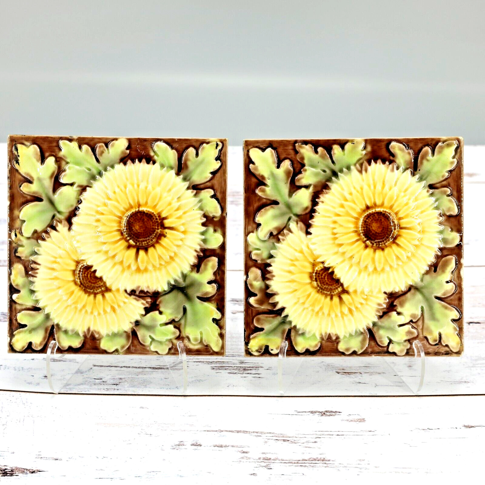 Antique A E Tile Company Sunflower Raised Textured Tiles Set of 2