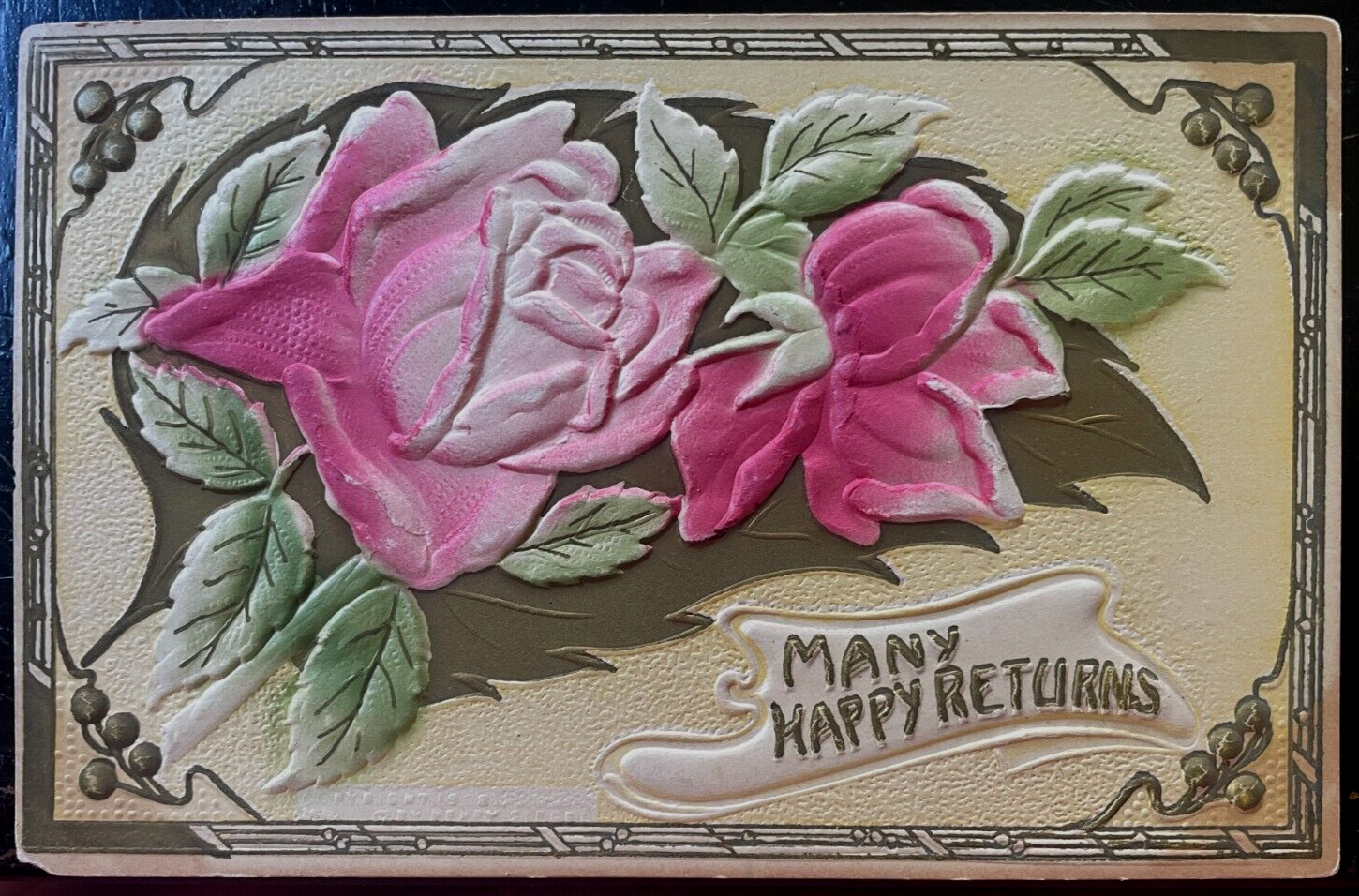 Vintage Victorian Postcard 1910 Many Happy Returns - Deep Embossed Pink Rose
