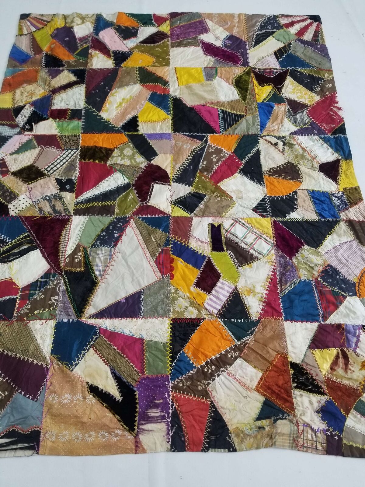 Victorian Vintage Hand Embroided Beautiful Crazy Quilt 69x53 inch