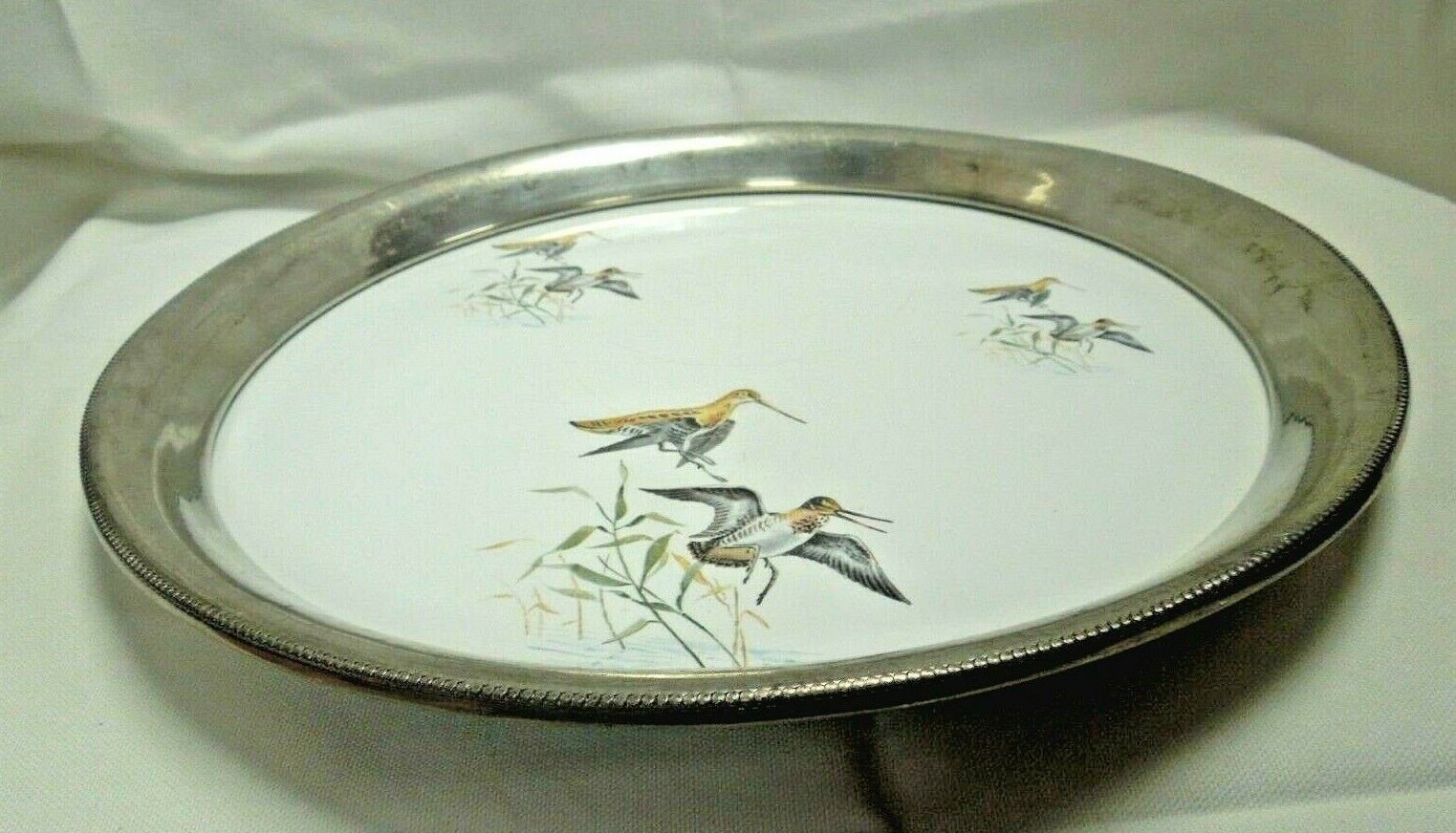 q730  Vintage Silver Plate Tray Etched Hummingbird inlay Design 13\