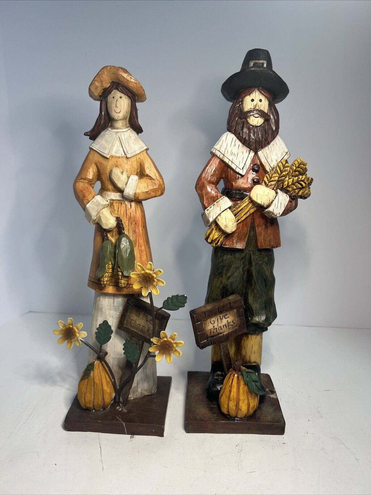 Vintage Wood-look Resin Thanksgiving Pilgrim Figurine Man& Woman Couple 13 tall