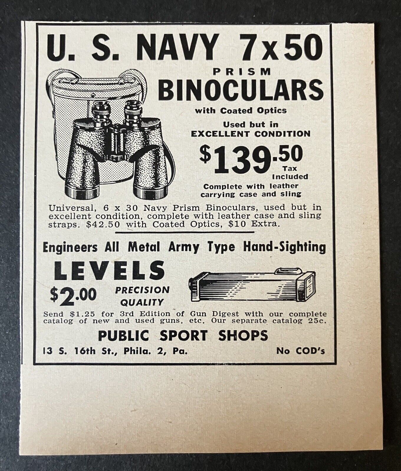 1948 Public Sport Shops U.S. Navy 7x50 Prism Binoculars B&W Vintage Print Ad