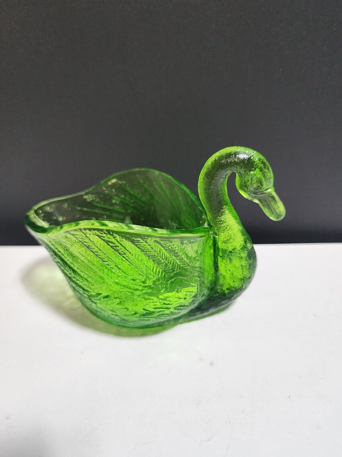 Vintage Green Glass Swan Open Candy Trinket Dish