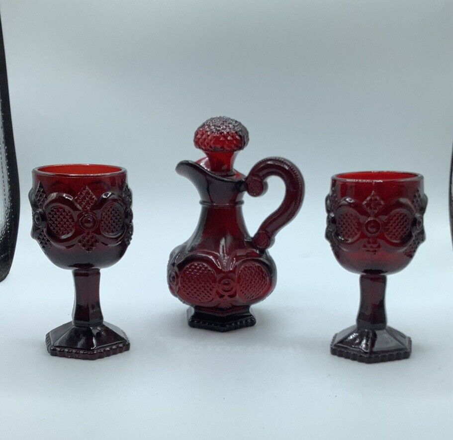 Avon 1876 Cape Cod Ruby Red Cruet Vintage Glass Bottle w/ 2 Glasses