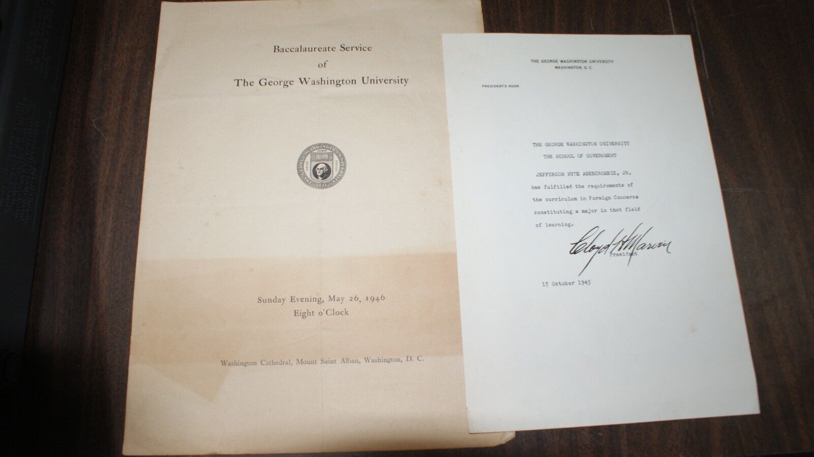 1945/46 George Washington University Convocation&Letter from President Wash.D.C