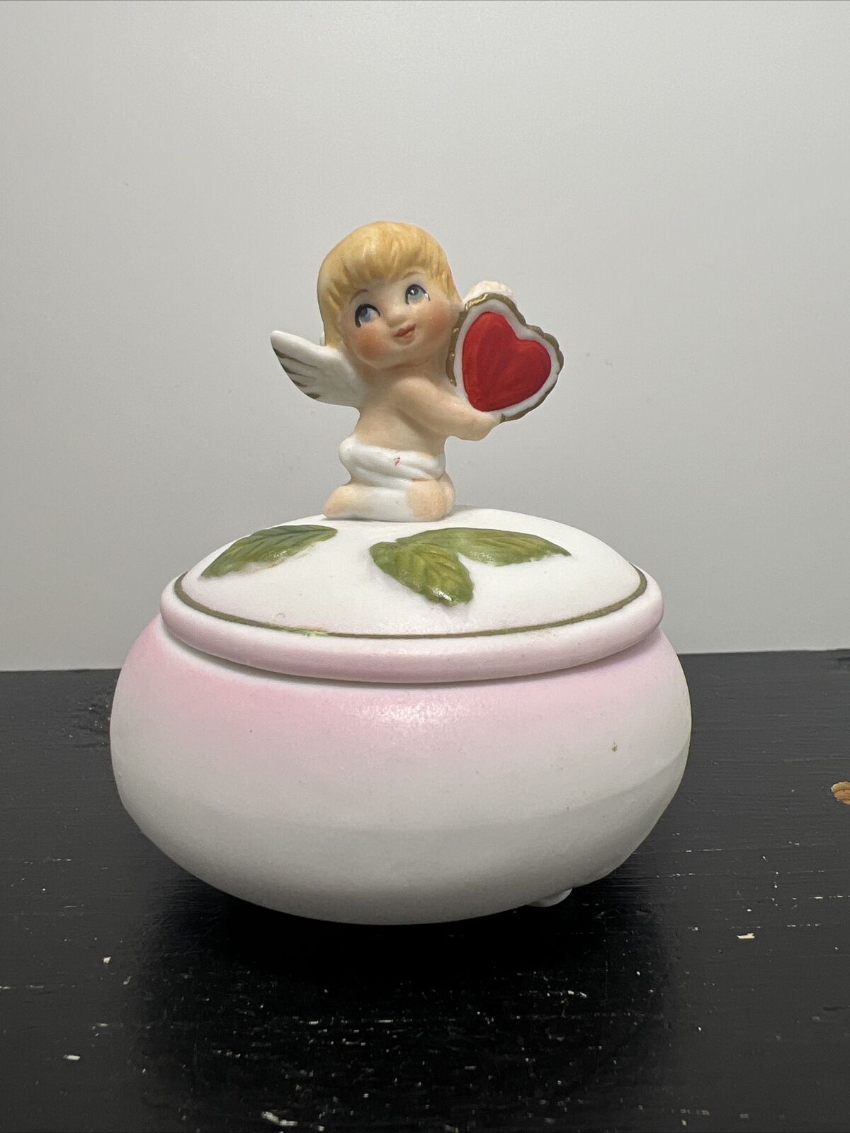 Vintage Lefton Porcelain Bisque Cupid Valentines Day Trinket Box 