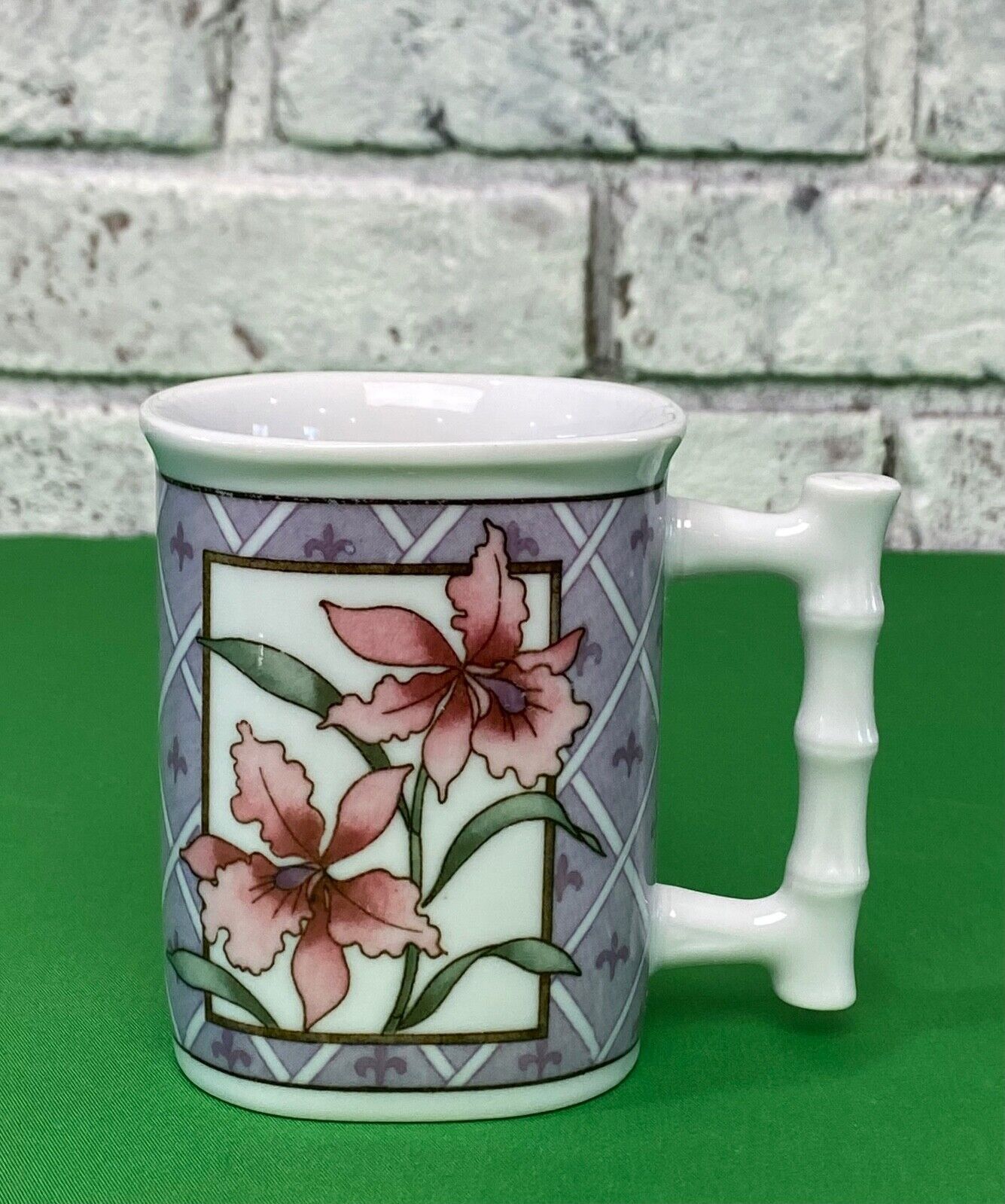Vintage Takahashi Purple Floral Square Coffee Mug 8oz Tea Cup w/Bamboo Handle