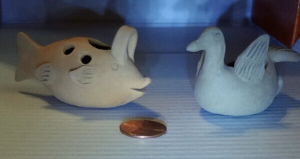 2 Vases Vintage Terracotta Clay Duck Fish Mexican Unglazed Miniatures 1:12