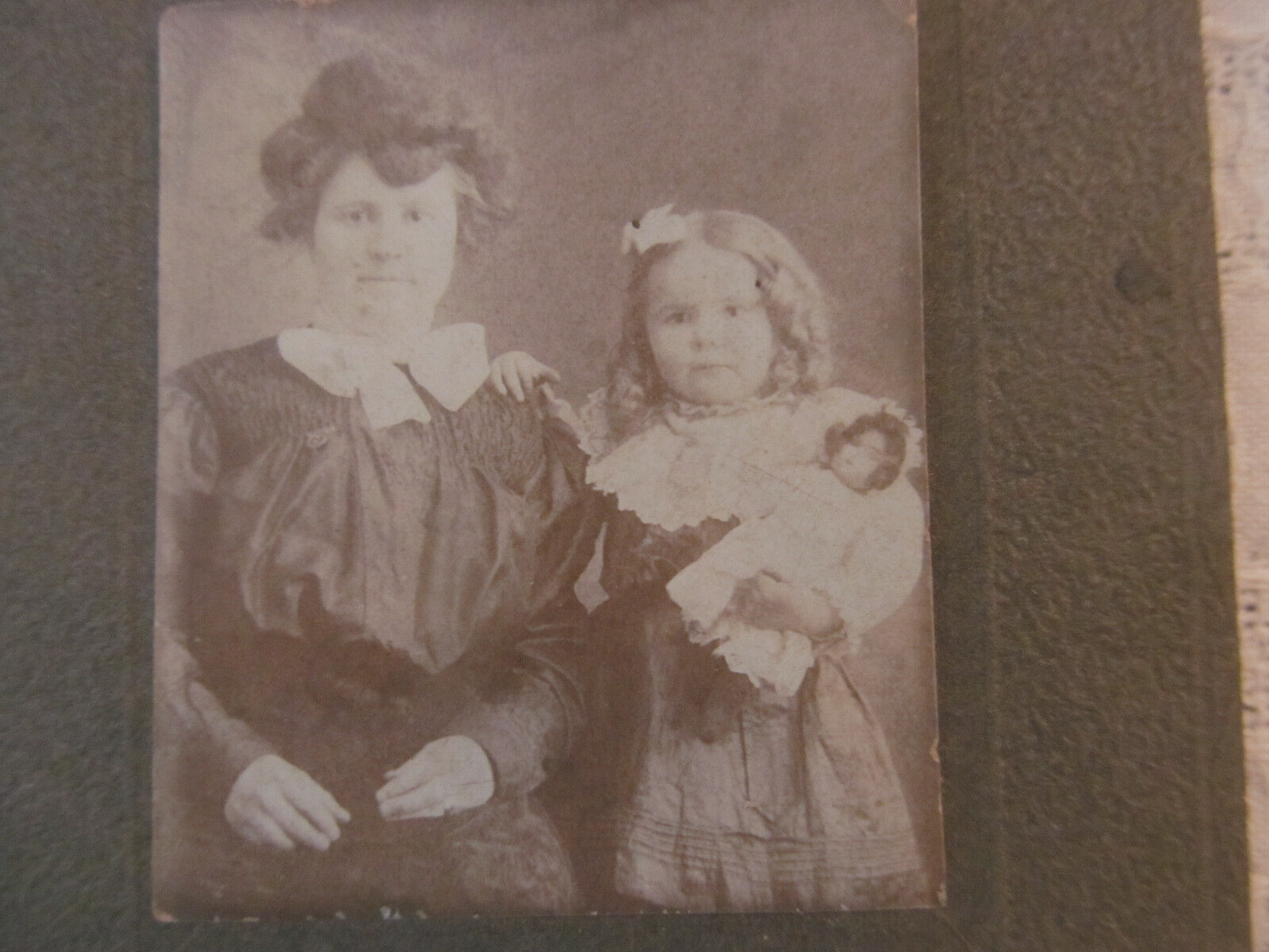 Chubby Cheek Little Girl w/Bisque Head Doll Antique Photograph~early 1900s