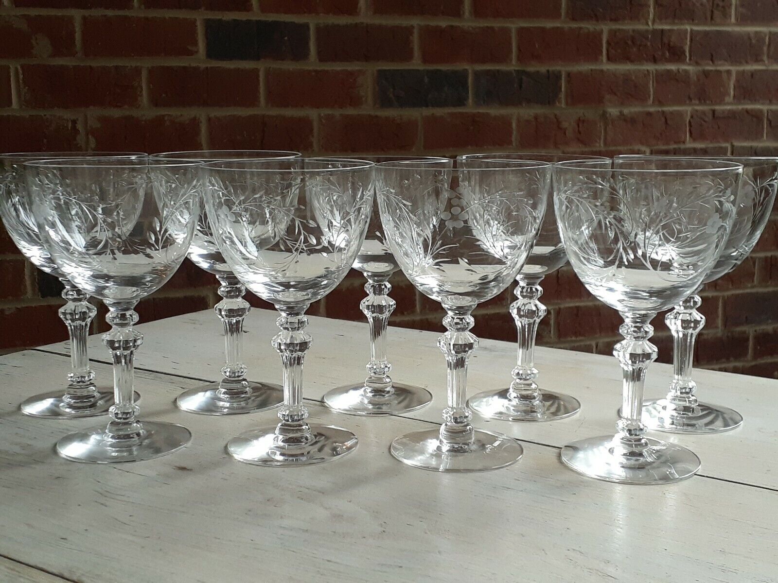 Great ANTIQUE Vtg Set of 9 TIFFIN CUT Crystal MADIERA Pattern WINE GLASSES Glass