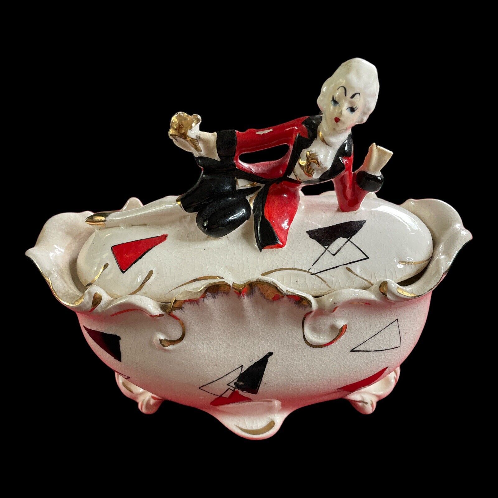 Vintage French Provincial porcelain figurine trinket box red/black/gold SKU G97