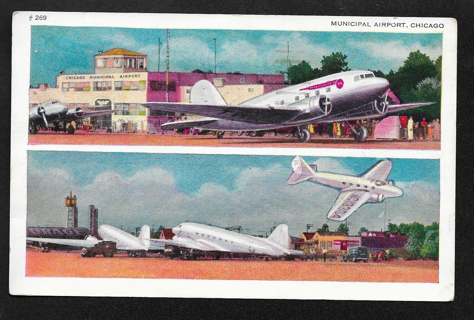 1941 Municipal Airport Chicago Linen Postcard