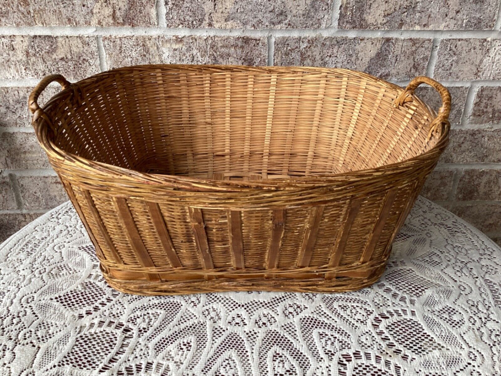 Vintage Wicker Woven Rectangular Basket With Handles 16”X14”X7” Country