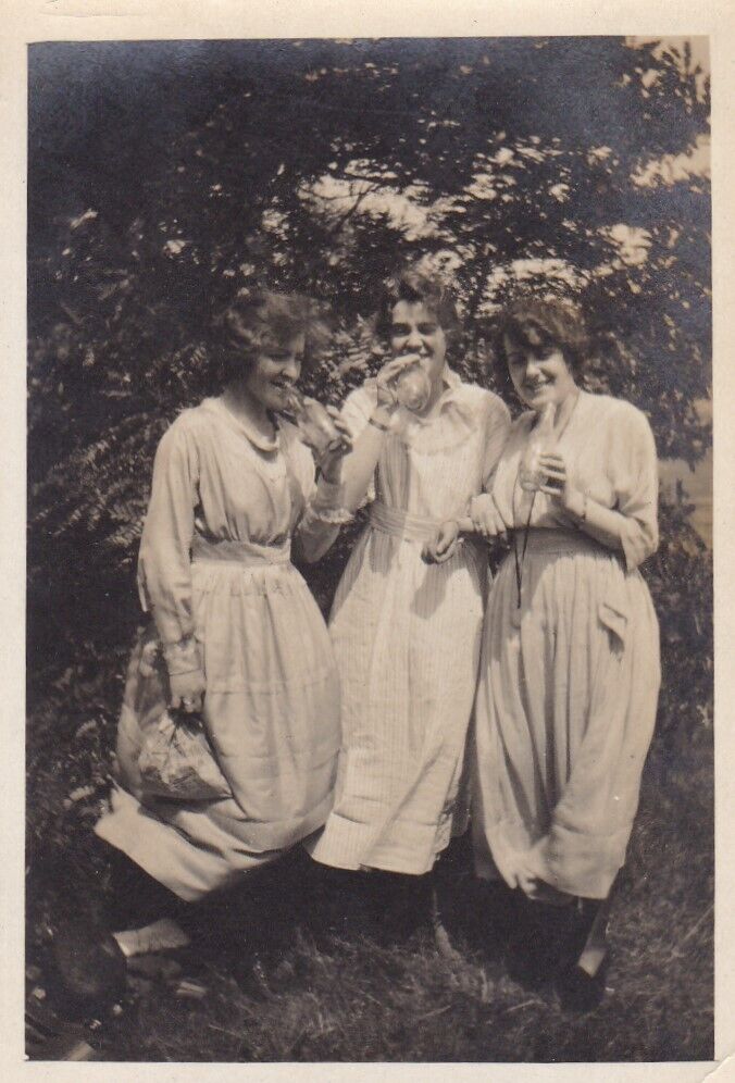 Beautiful Antique Photograph Three Ladies Drinking From Bottles Friends Women