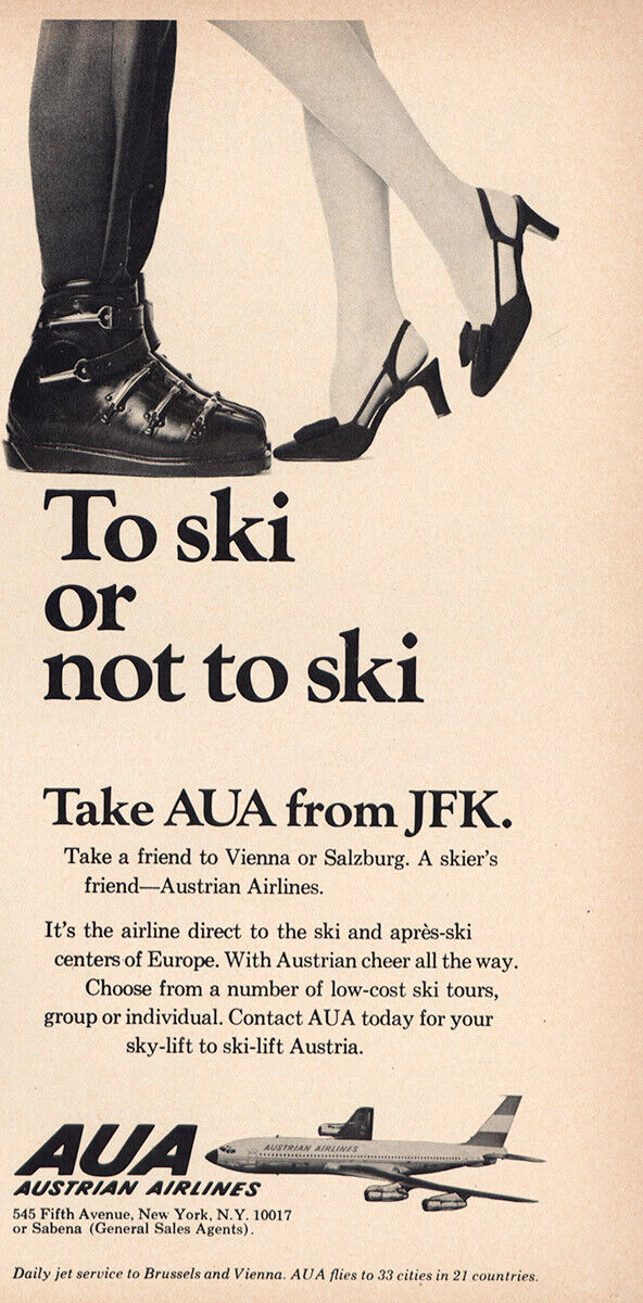 1969 AUA Austrian Airlines: To Ski or Not To Ski Vintage Print Ad