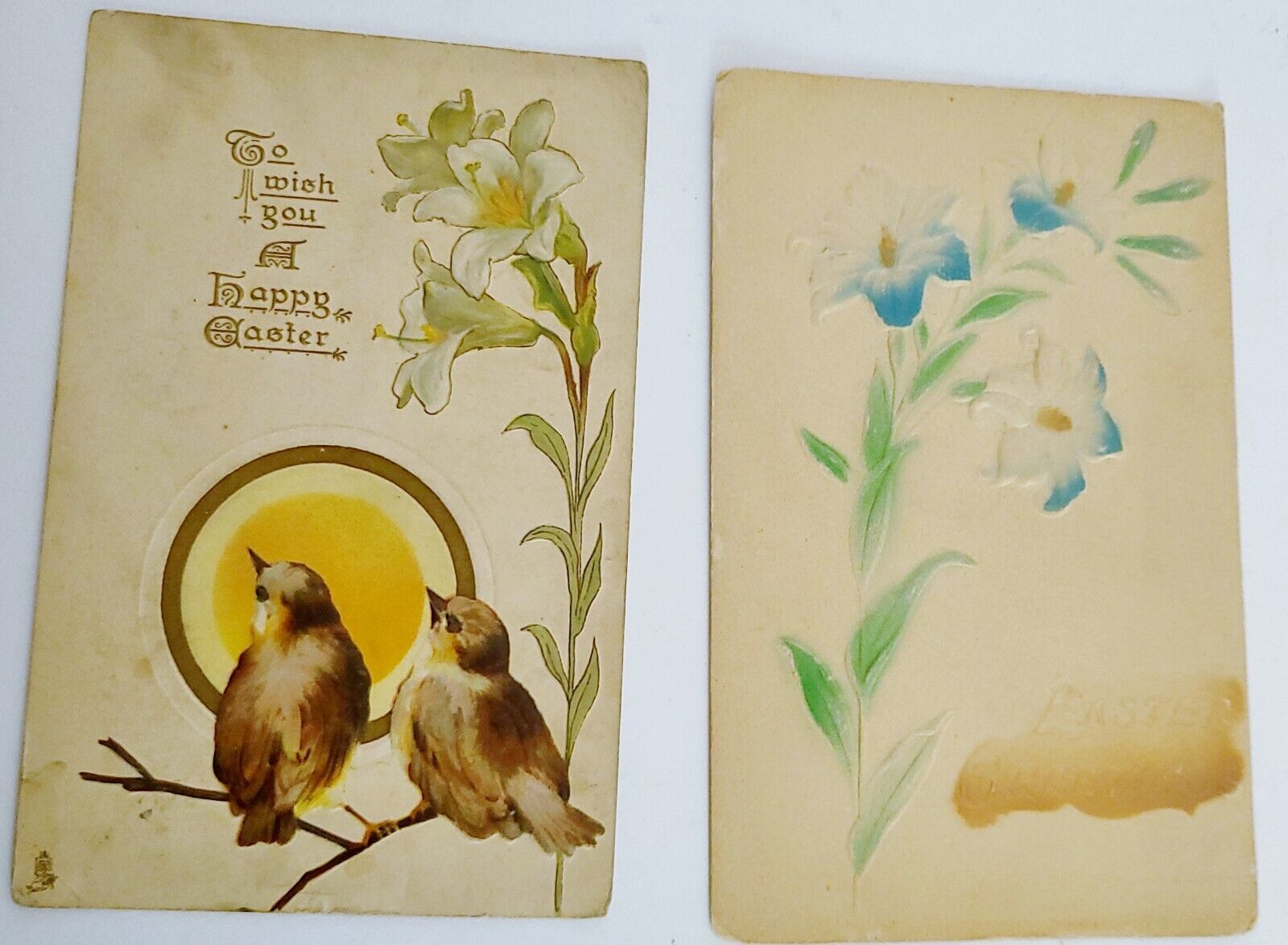 2 Vintage Embossed Easter Postcards Lilies Birds Postmark 1908 Tuck