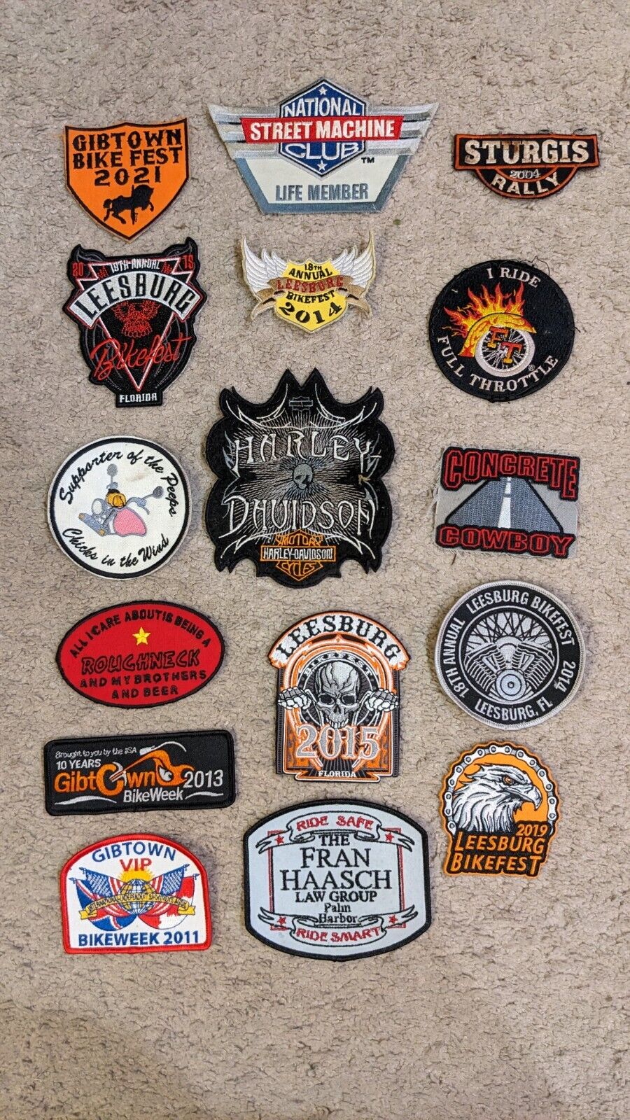 Lot of 16 Biker Motorcycle Jacket Patches Leesburg Concrete Cowboy Full Throttle