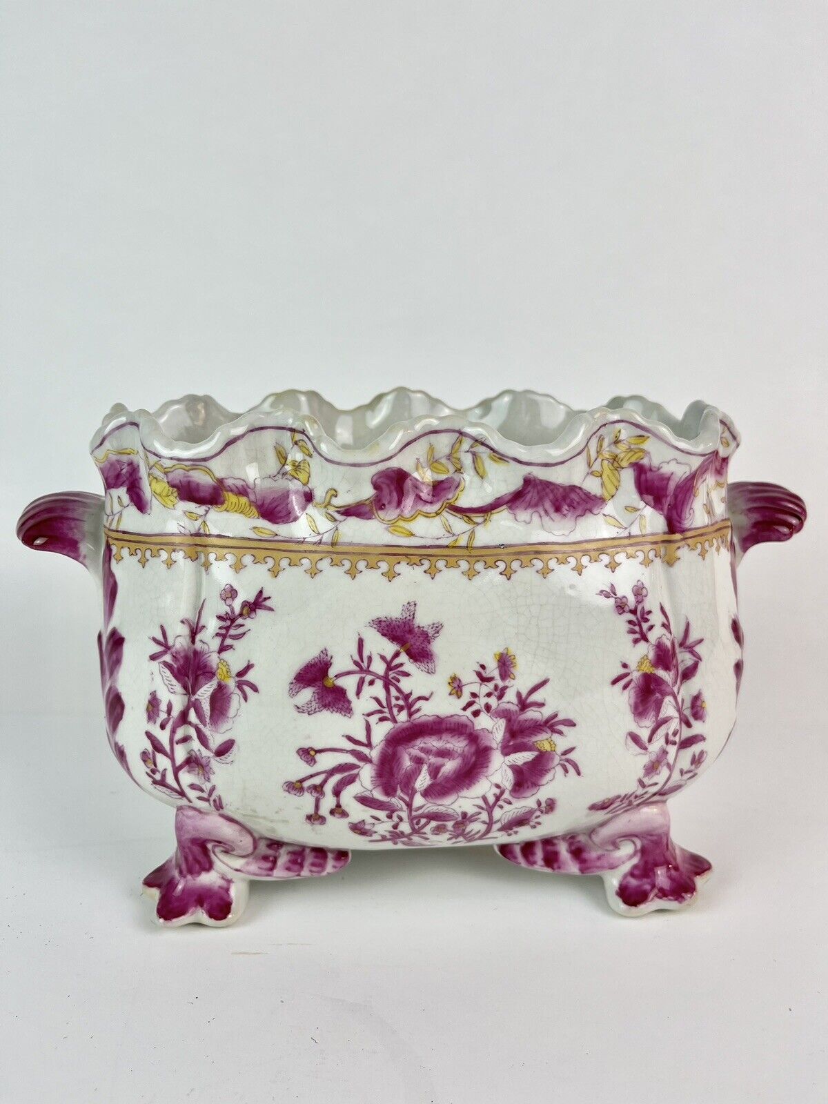 United Wilson JUWC 1897 Planter Pink & White Floral Porcelain Chinoiserie Footed
