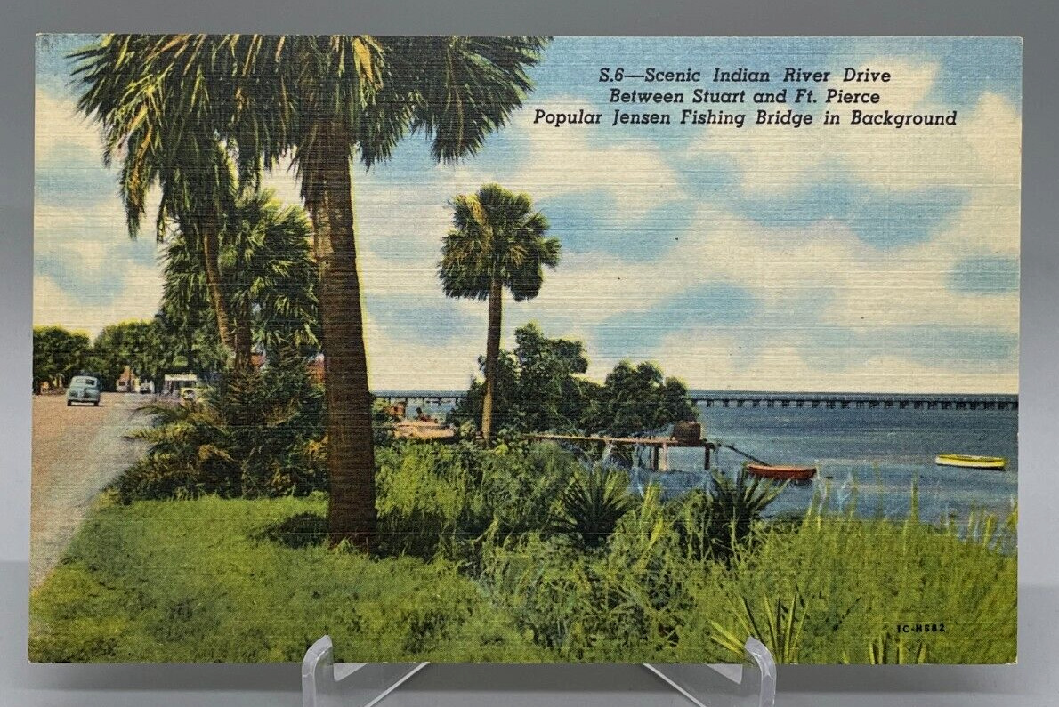 Vintage Indian River Drive, Fishing Bridge Florida Post Card Unposted Linen 40s