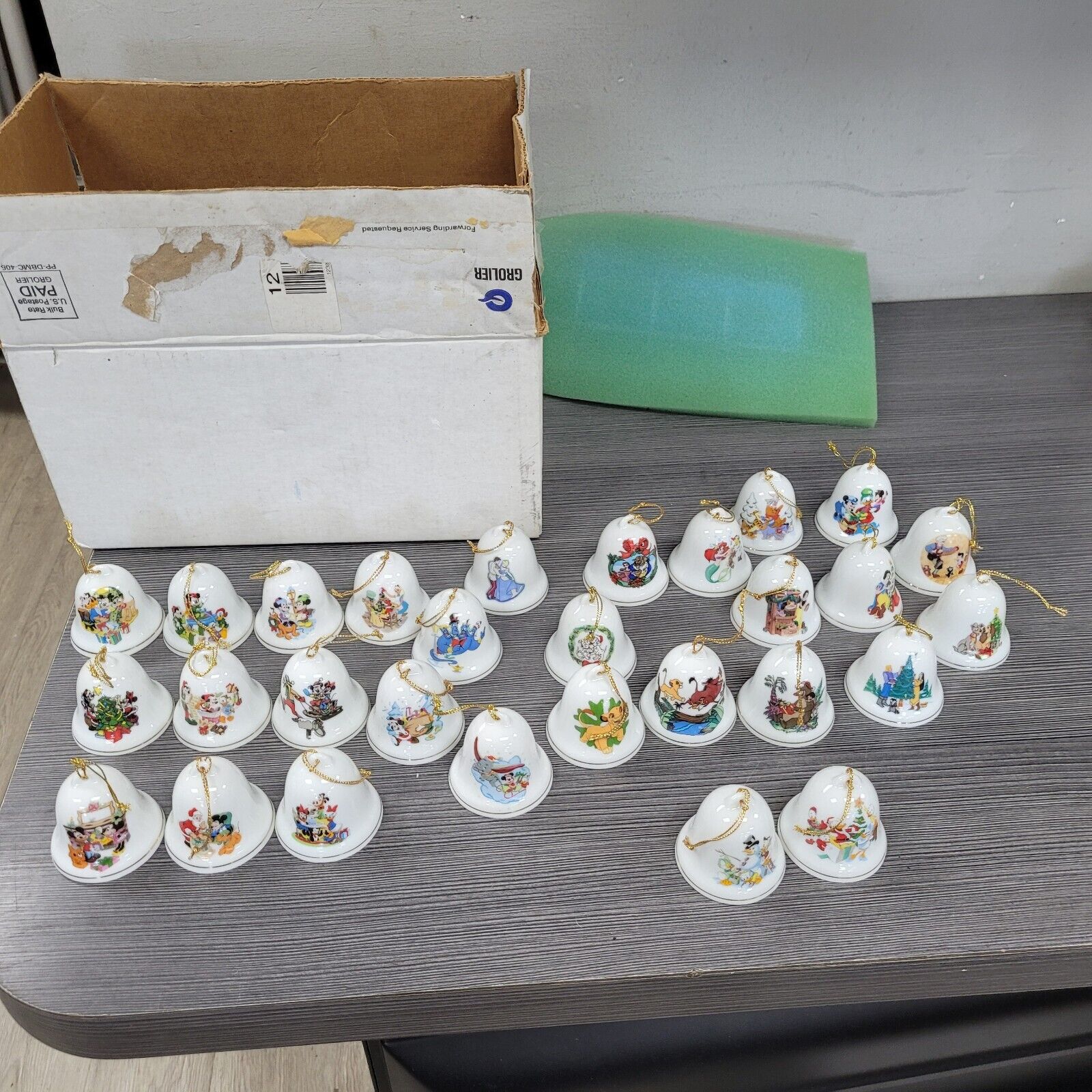 29 Vintage Grolier Porcelain Disney Christmas Bell Ornaments Lot mickey orig box