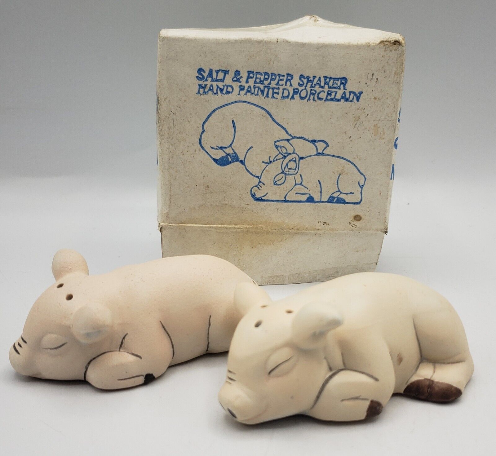 Vintage Salt & Pepper Shakers Hand Painted Porcelain Sleeping Pigs / Piglets NIB