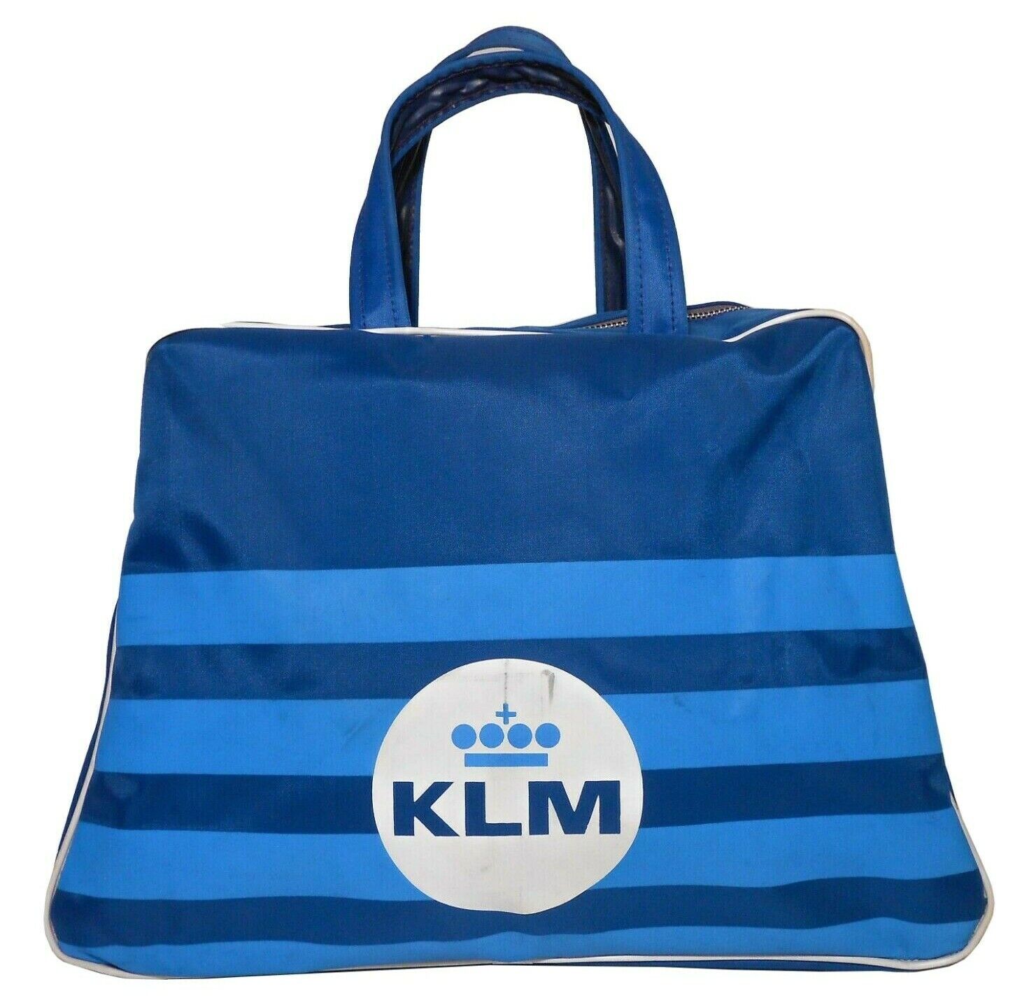 MID-20TH C VINT KLM ROYAL DUTCH AIRLINES CARRY-ON STRIPED SIZED FABRIC TOTE BAG