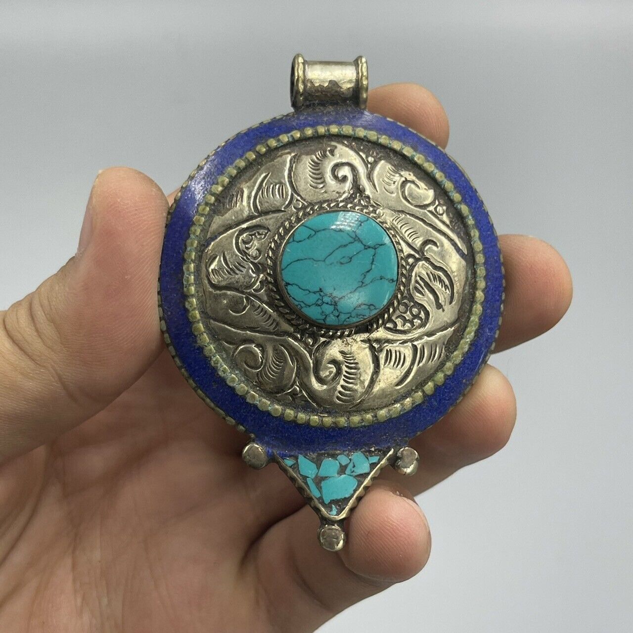 Beautiful vintage near Eastern multicolor stones,brass wonderful pendant 