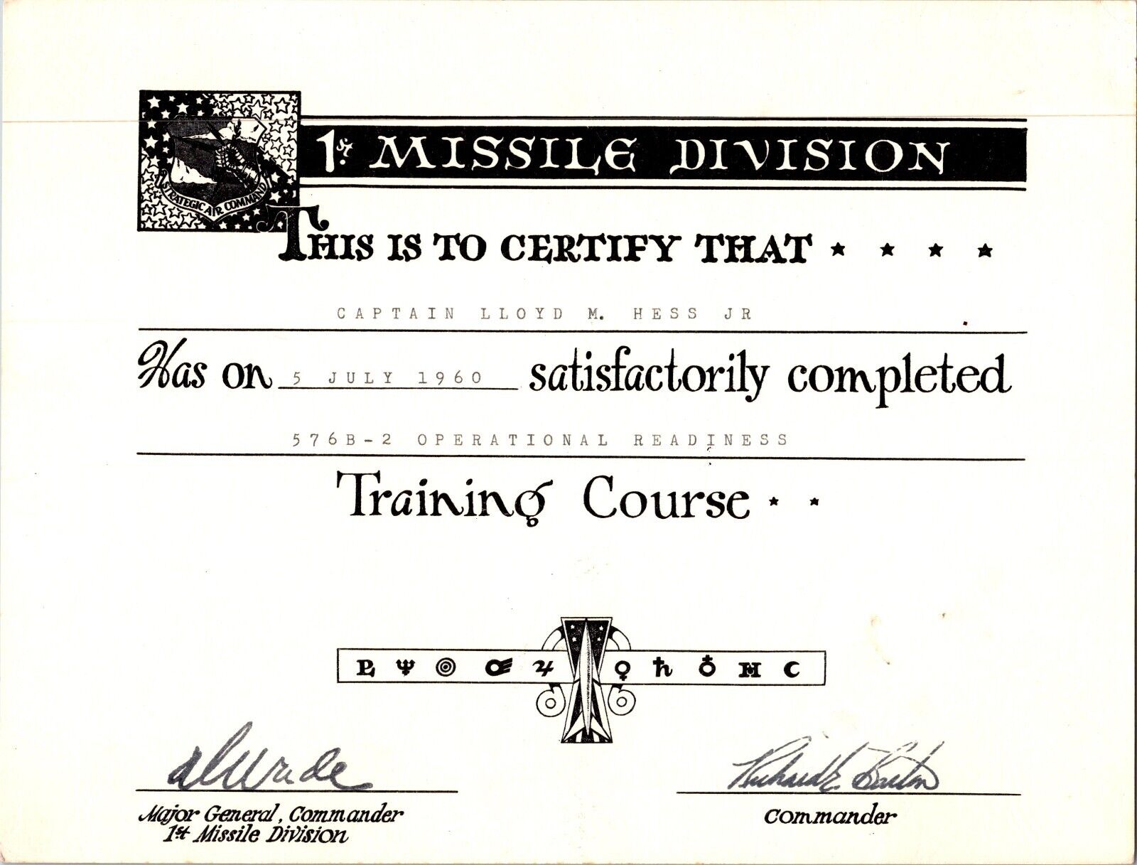 1960 U.S. Air Force 1st Missal Division Operational Awareness Certificate