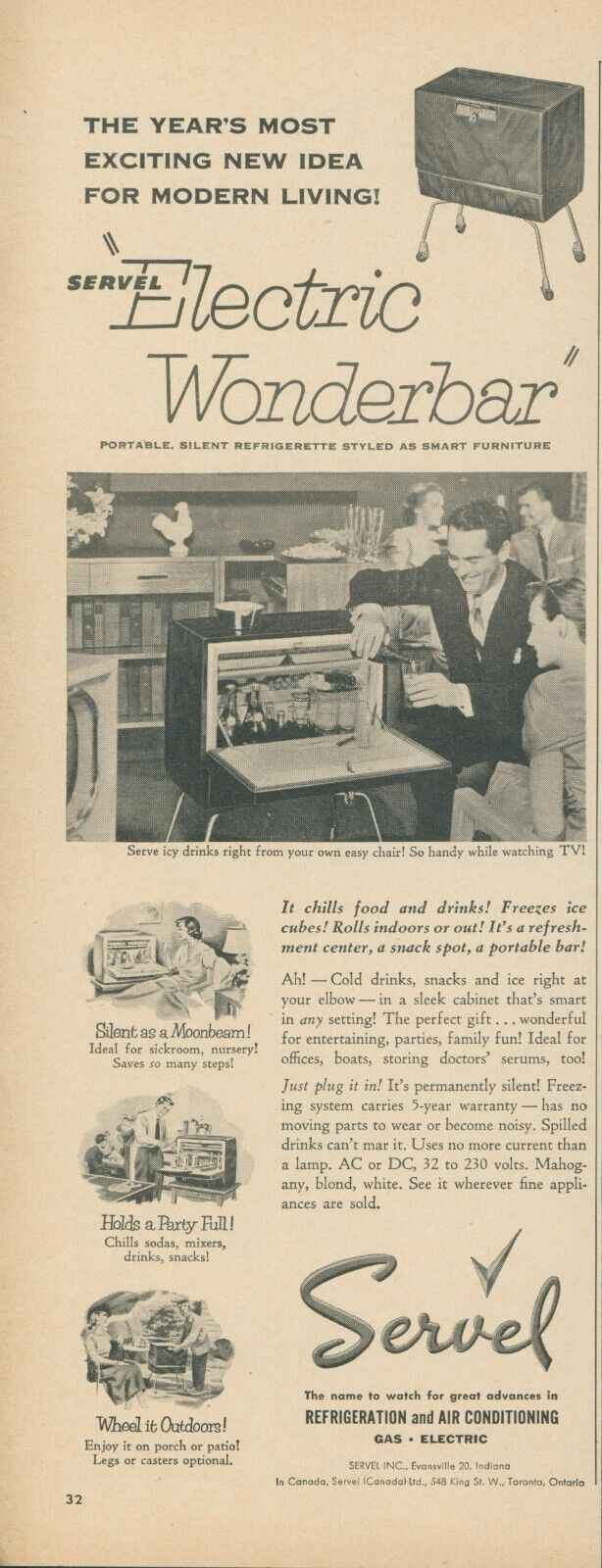 1953 Servel Electric Wonderbar Refrigerator MCM TV Portable Vintage Print Ad BH2