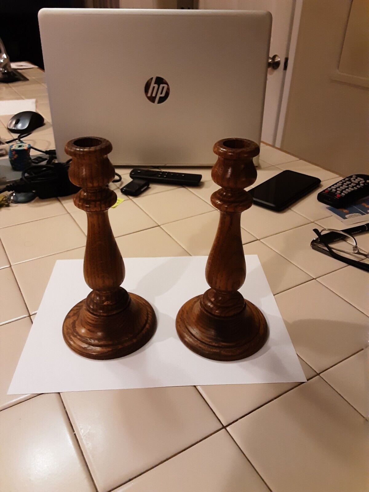 PAIR Solid Turned Oak Wooden Candlestick Holders 