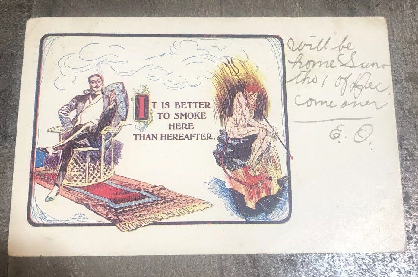 Krampus 1907 Postcard Early Smoking Mans Devil Satan\'s Warning Flag Cancel
