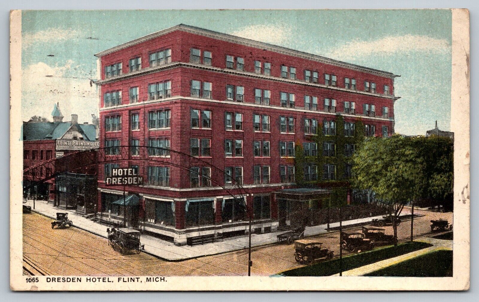 1917 Dresden Hotel Flint Printing Co. Flint Michigan MI Posted RPO Postcard